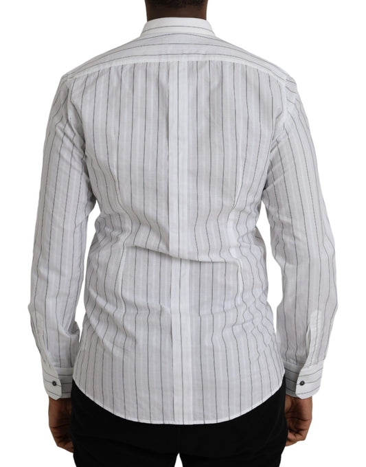 A black and white striped formal dress shirt with a gold design on the back