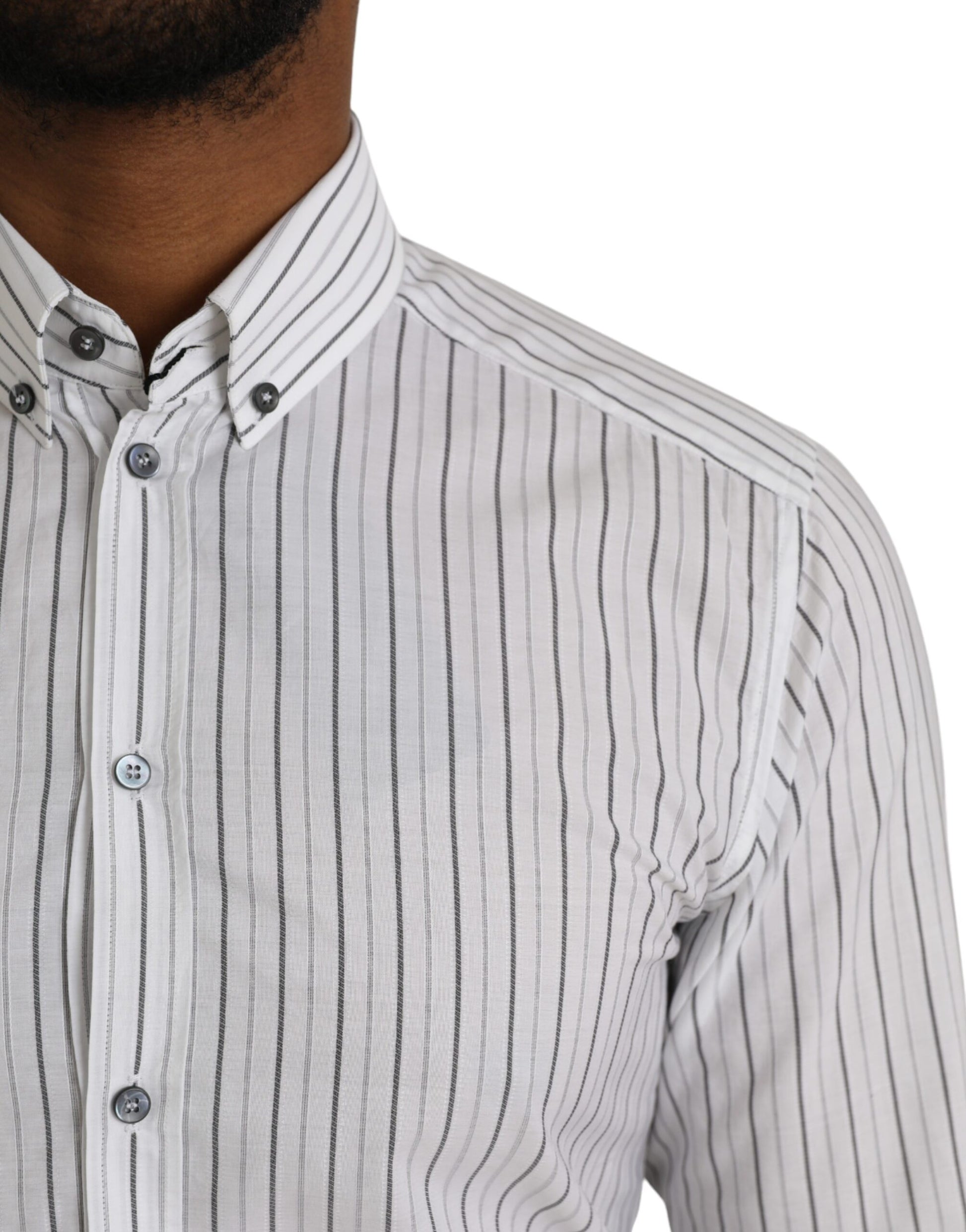 Men's black and white striped formal dress shirt with gold buttons