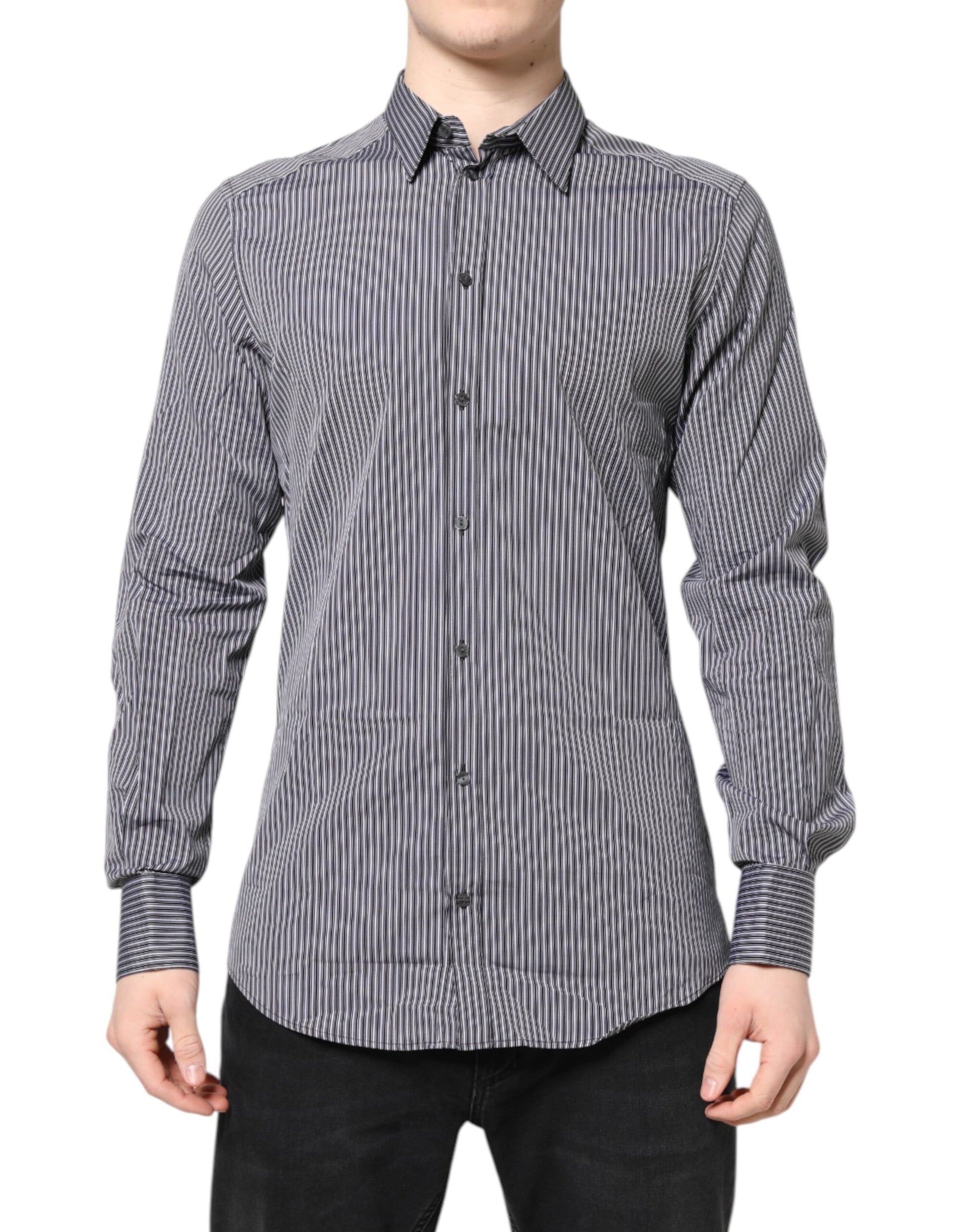 Men's black and white striped dress shirt with gold accents, long sleeves