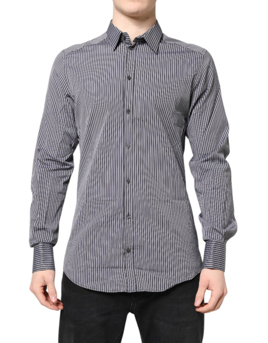 Men's black and white striped dress shirt with gold accents, long sleeves