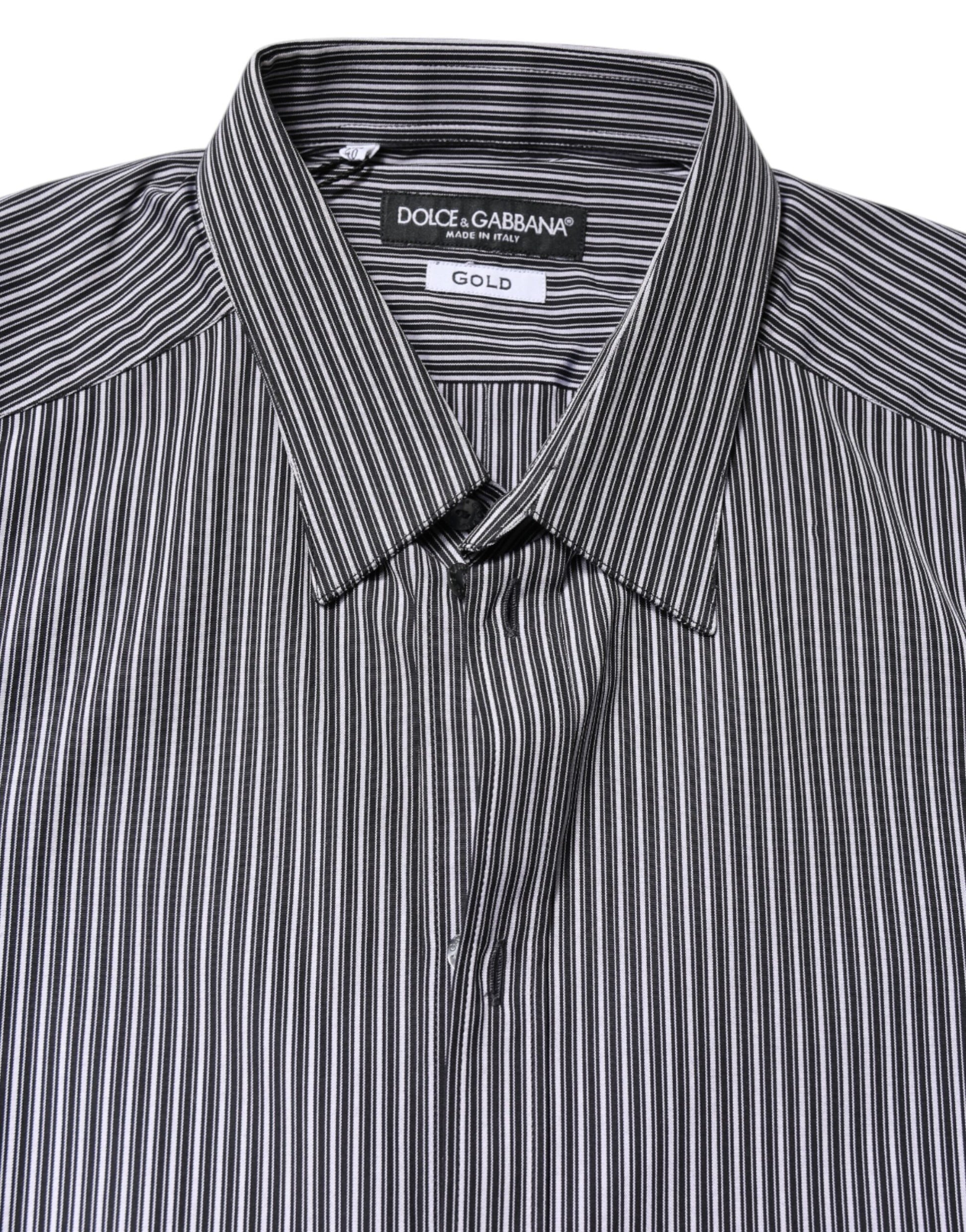 A black and white striped shirt with a gold label on the collar