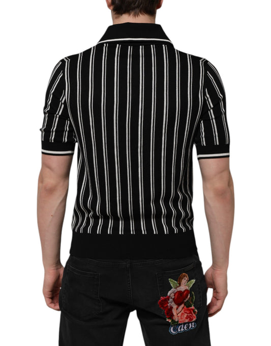 Black and white striped polo shirt with short sleeves