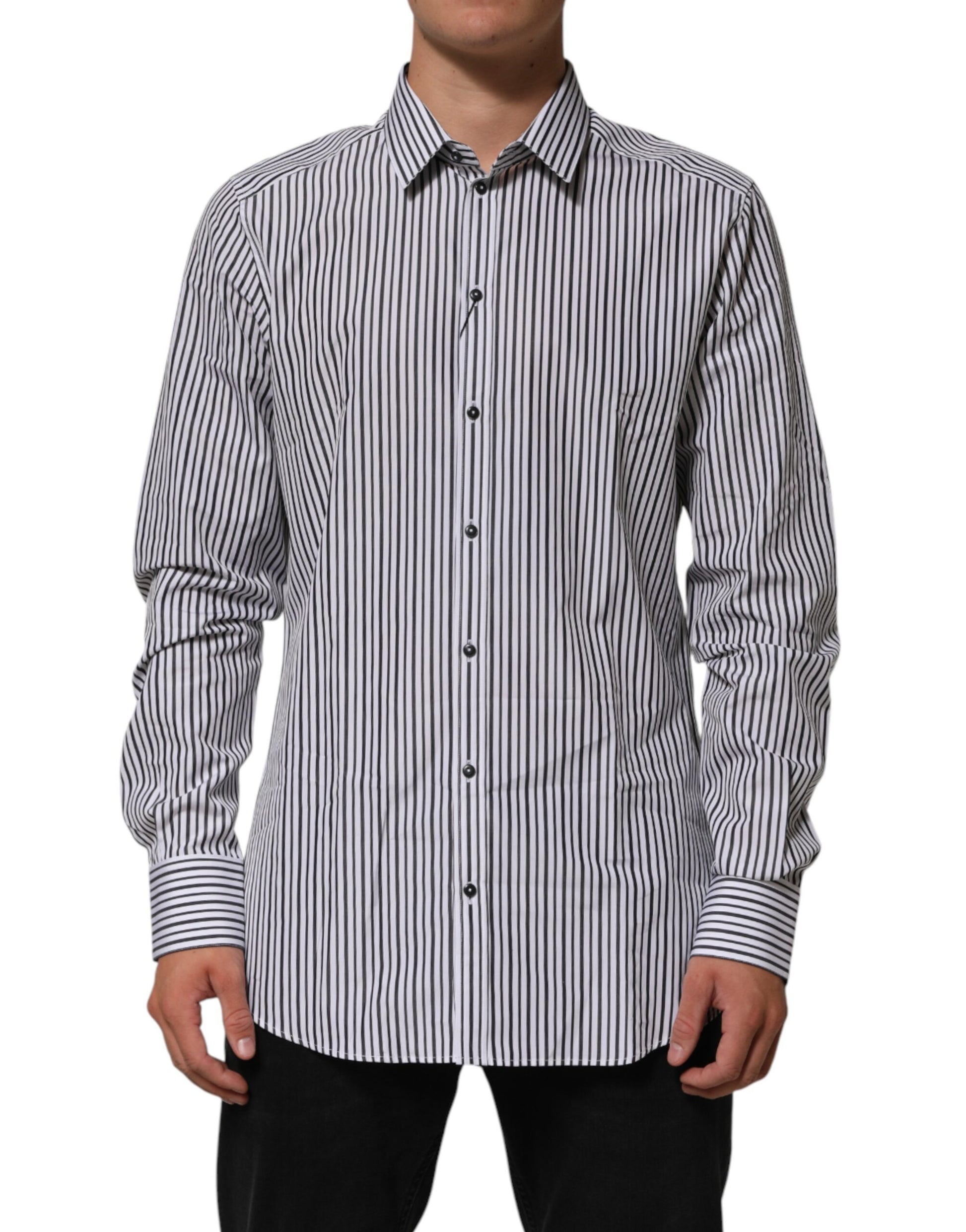 A black and white striped men's dress shirt with long sleeves, collar, and buttons