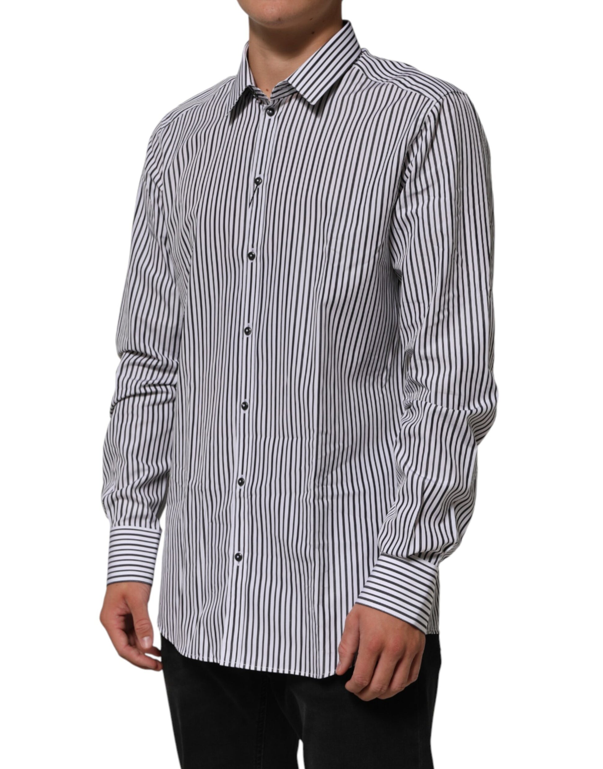 A black and white striped men's dress shirt with long sleeves, collar, and buttons