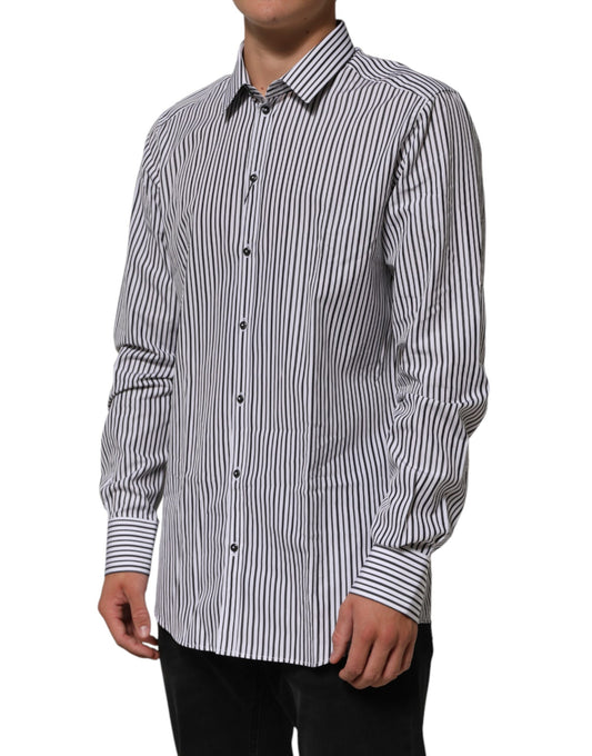 A black and white striped men's dress shirt with long sleeves, collar, and buttons