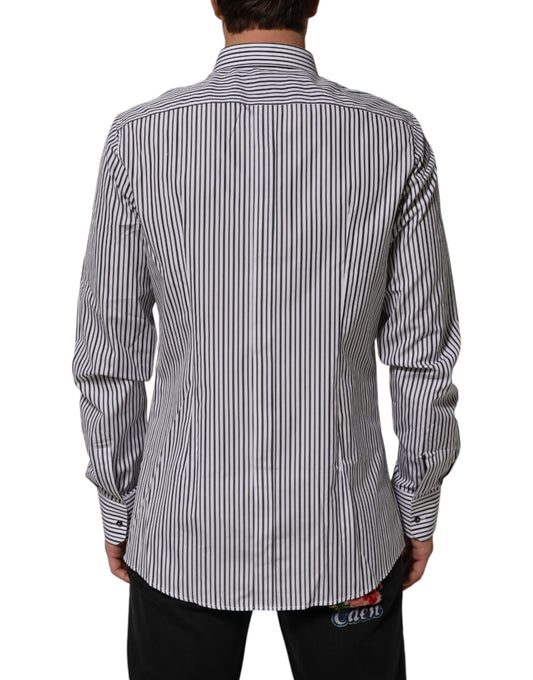 A black and white striped men's dress shirt with a collar, long sleeves, and a button-up front