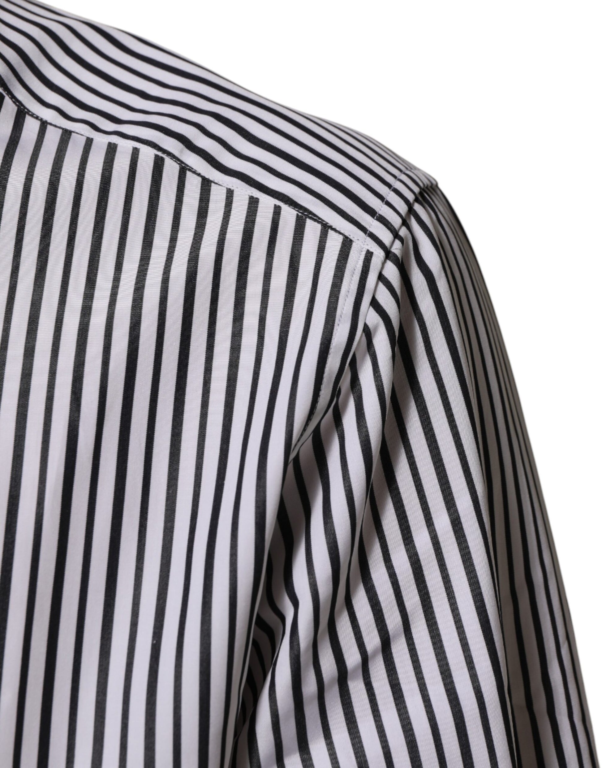 A black and white striped men's dress shirt with short sleeves