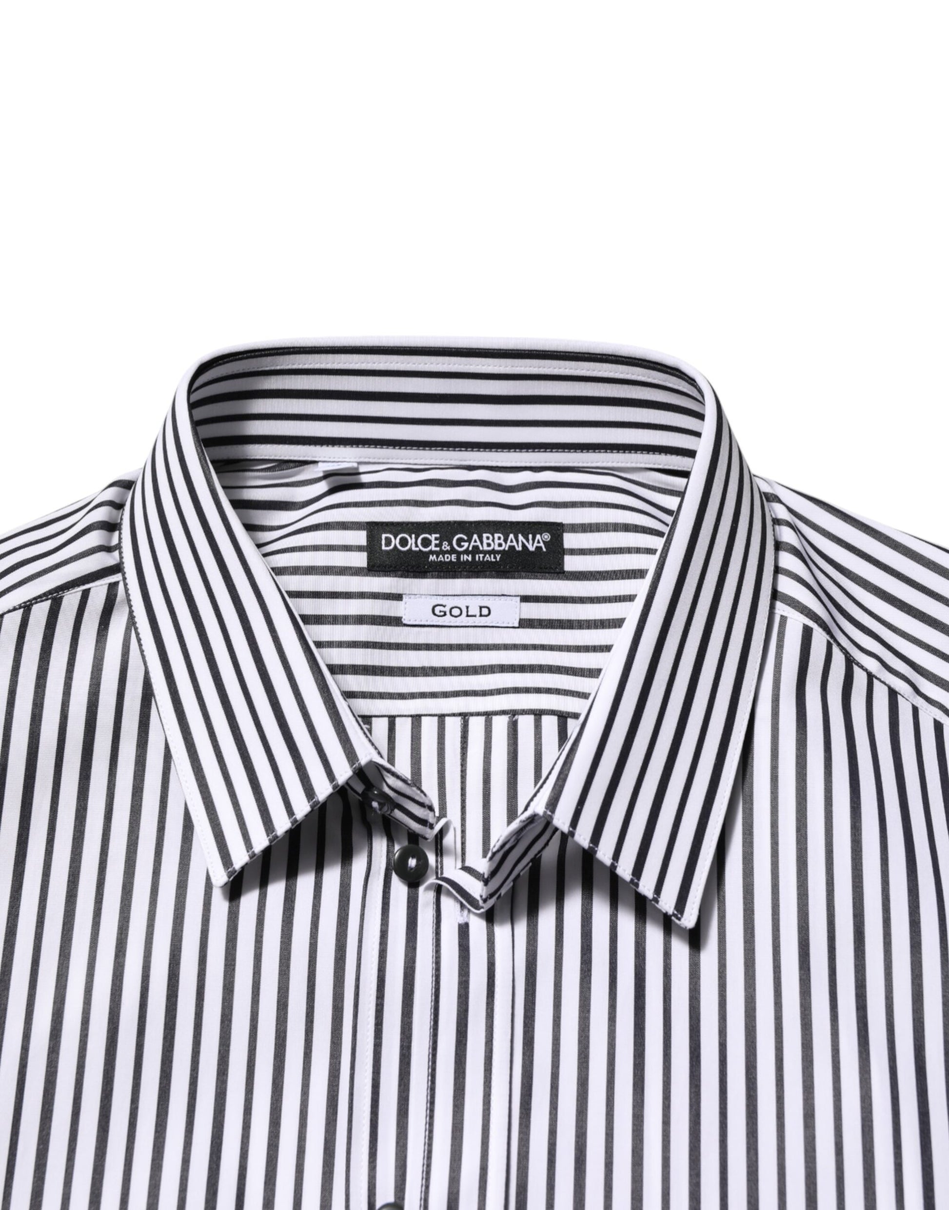 A black and white striped men's dress shirt with a gold label on the collar