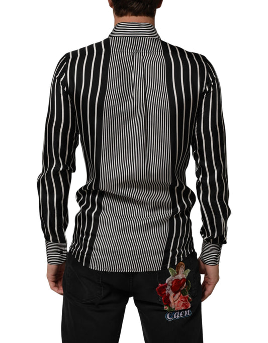 A black and white striped men's dress shirt with a collar, long sleeves, and a back pocket
