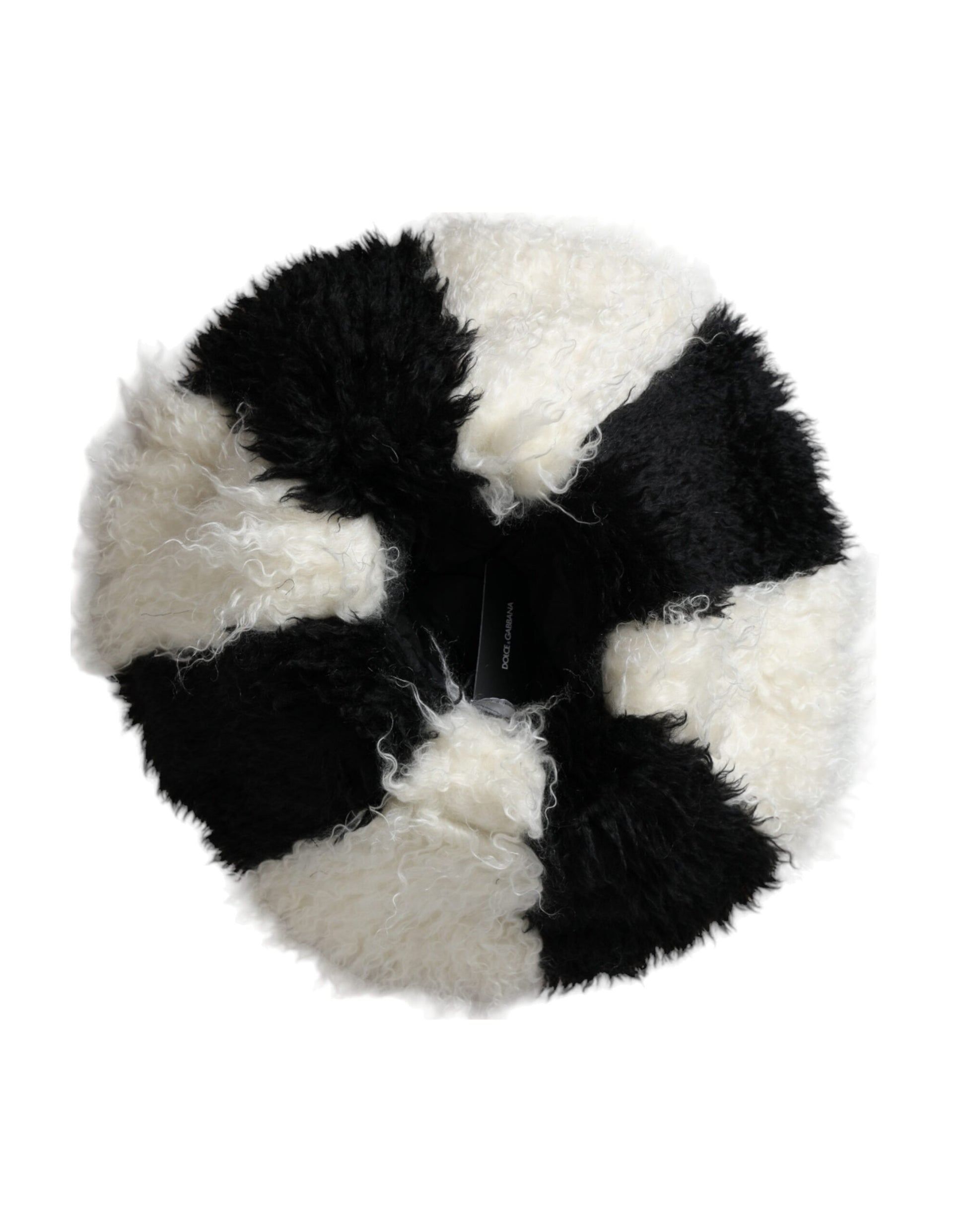 Round furry hat with black and white stripes