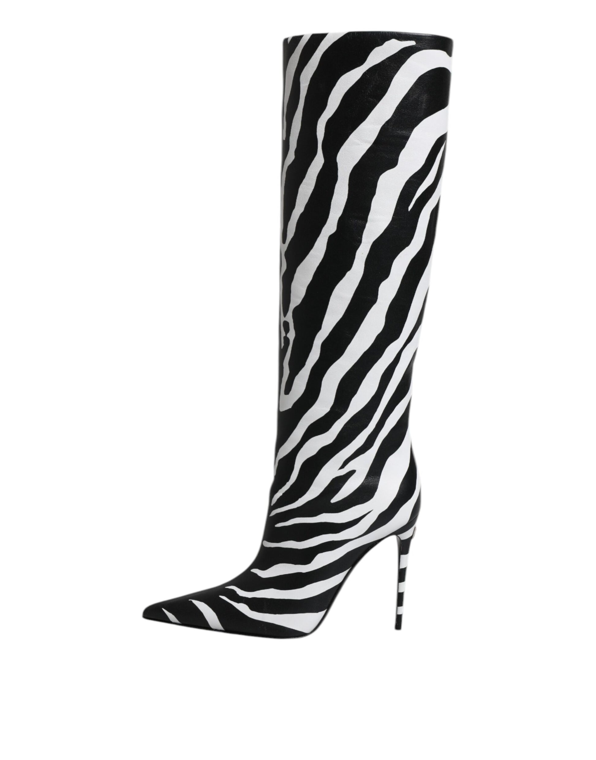 Black high heel boot with zebra print pattern
