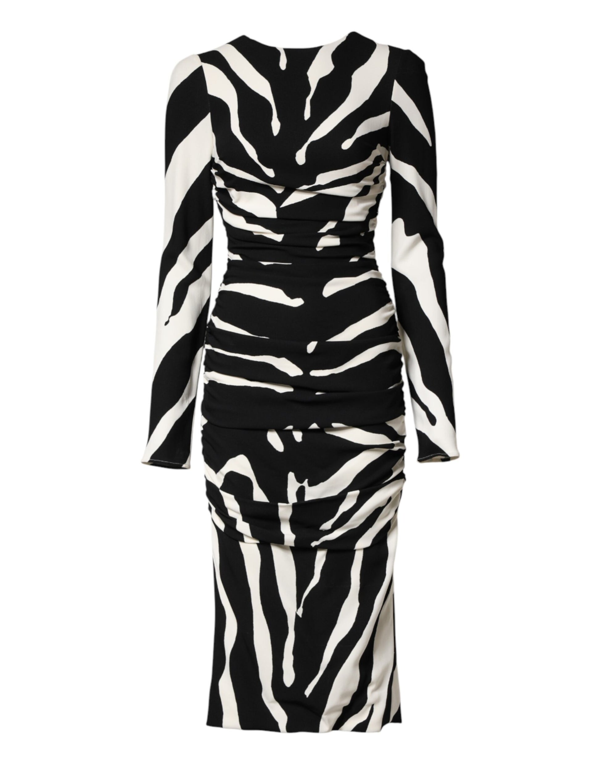 A black and white zebra print midi dress with a sheath silhouette