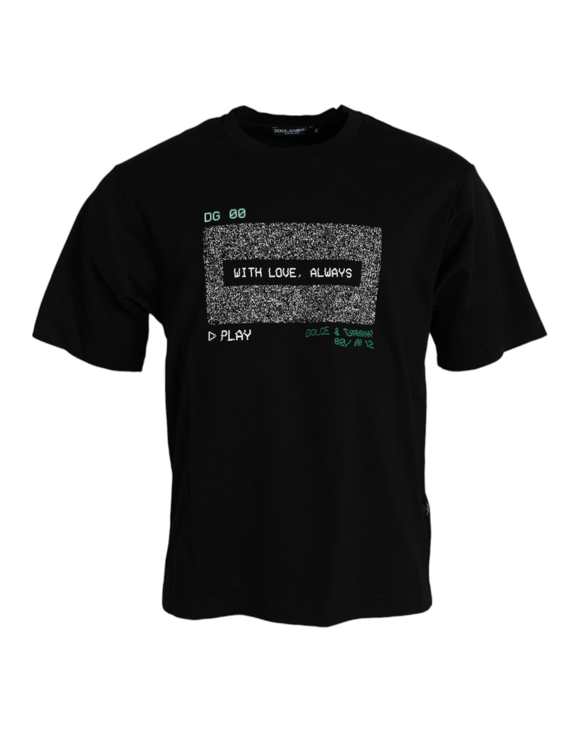 Black t-shirt with white graphic design