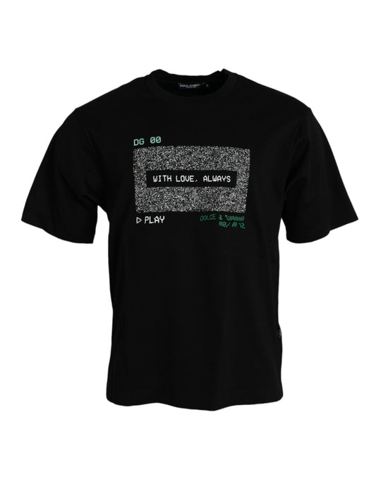 Black t-shirt with white graphic design