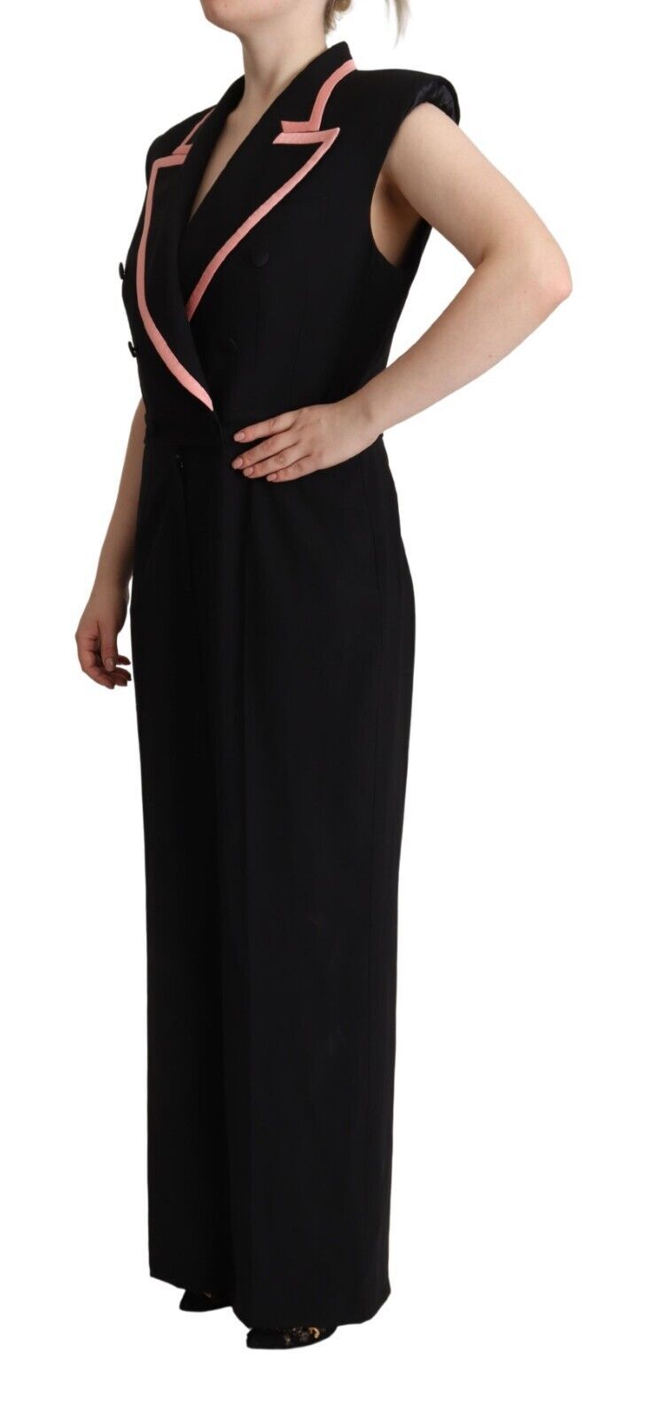 A black sleeveless jumpsuit dress with pink accents
