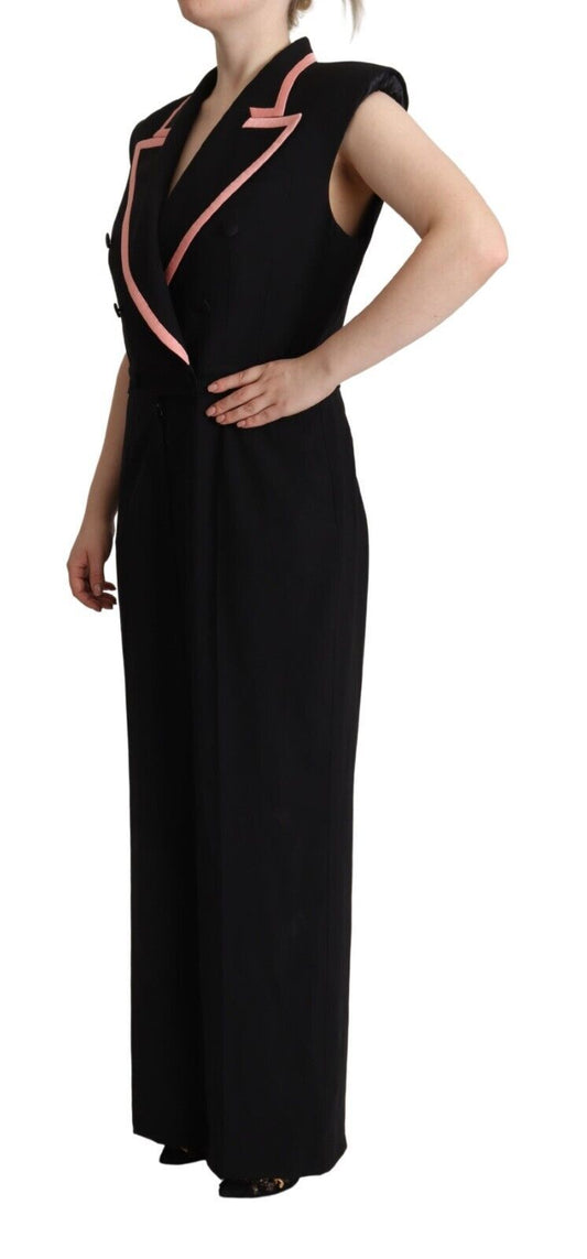 A black sleeveless jumpsuit dress with pink accents