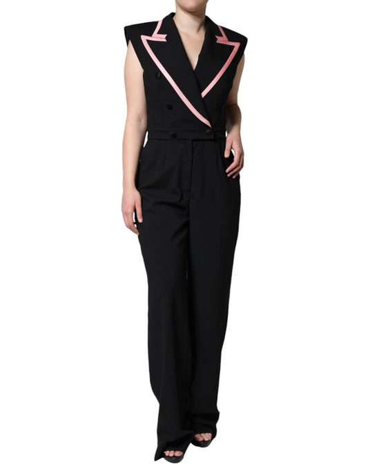 A black wool blend sleeveless jumpsuit dress with pink accents