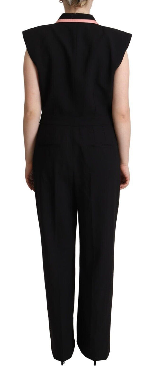 A sleeveless black jumpsuit dress with a wool blend fabric