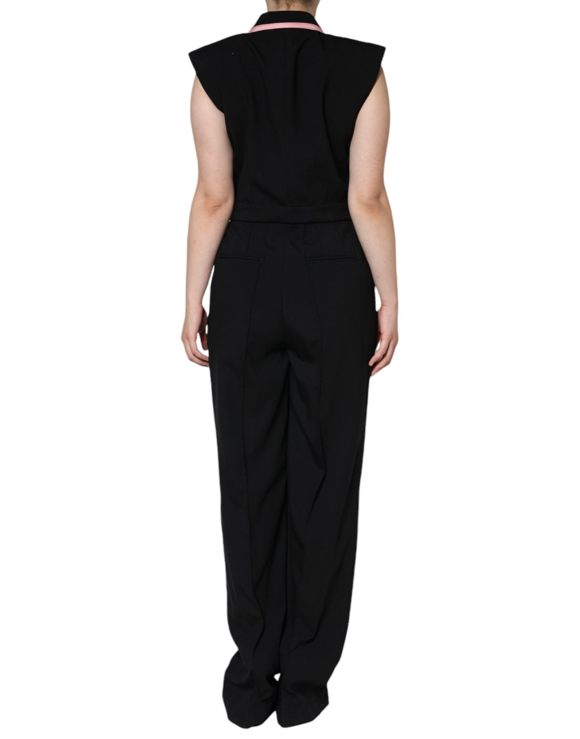A sleeveless black jumpsuit dress with a wool blend fabric