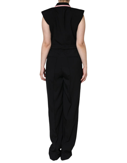 A sleeveless black jumpsuit dress with a wool blend fabric