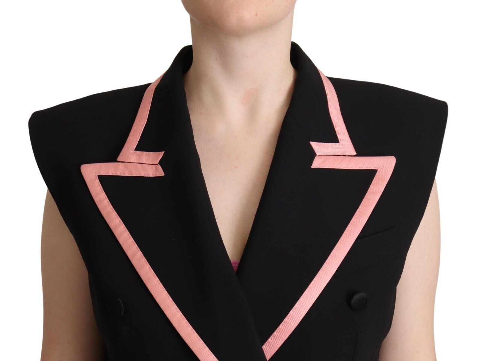 A black wool blend sleeveless jumpsuit dress with pink accents