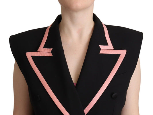 A black wool blend sleeveless jumpsuit dress with pink accents