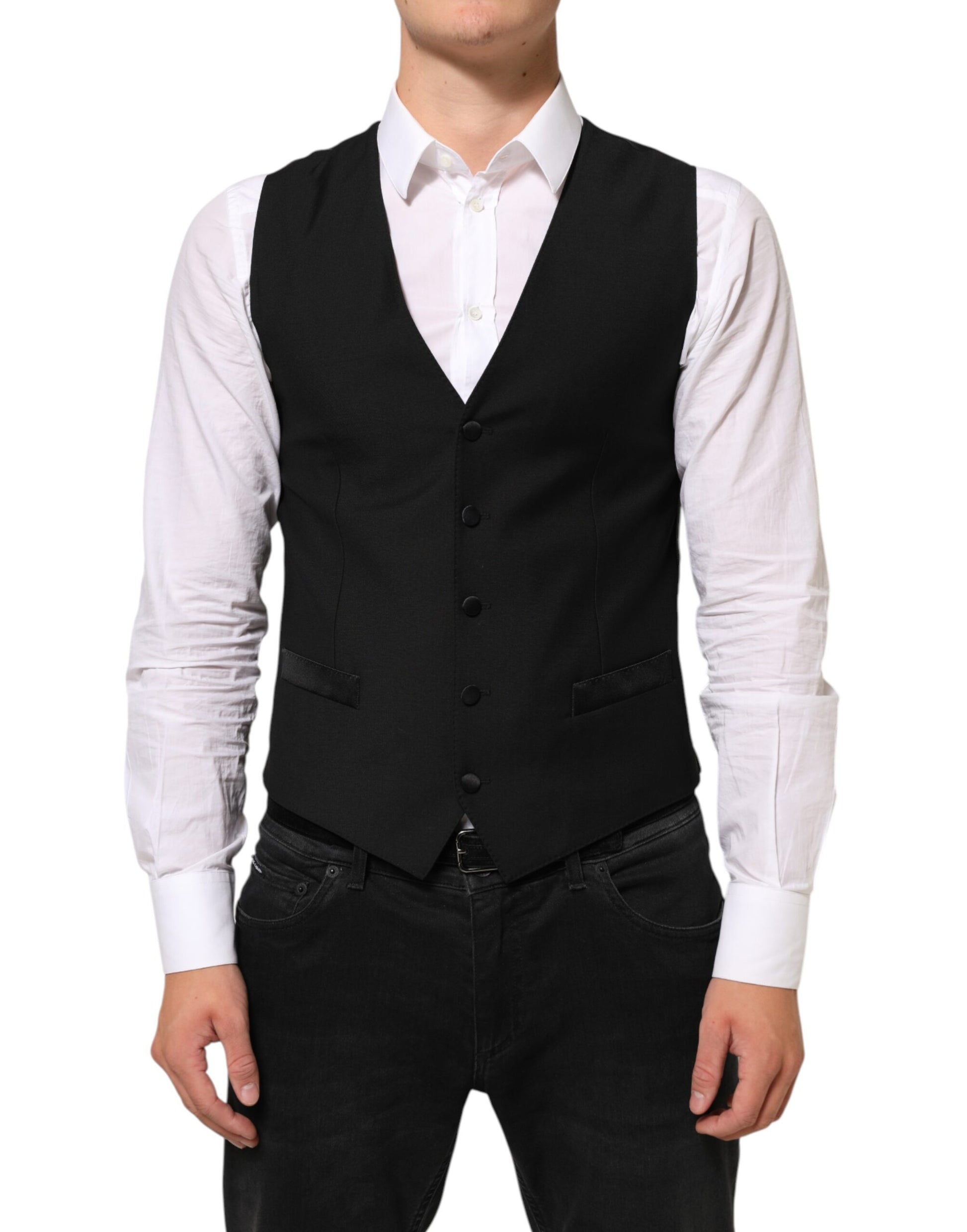 A black wool vest with a waistcoat, part of a formal men's suit
