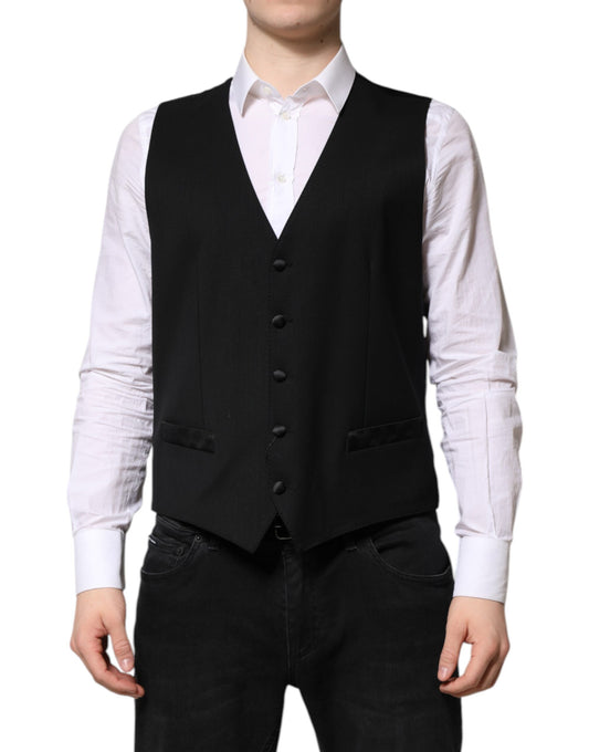 A black wool vest with a waistcoat design, part of formal men's wear