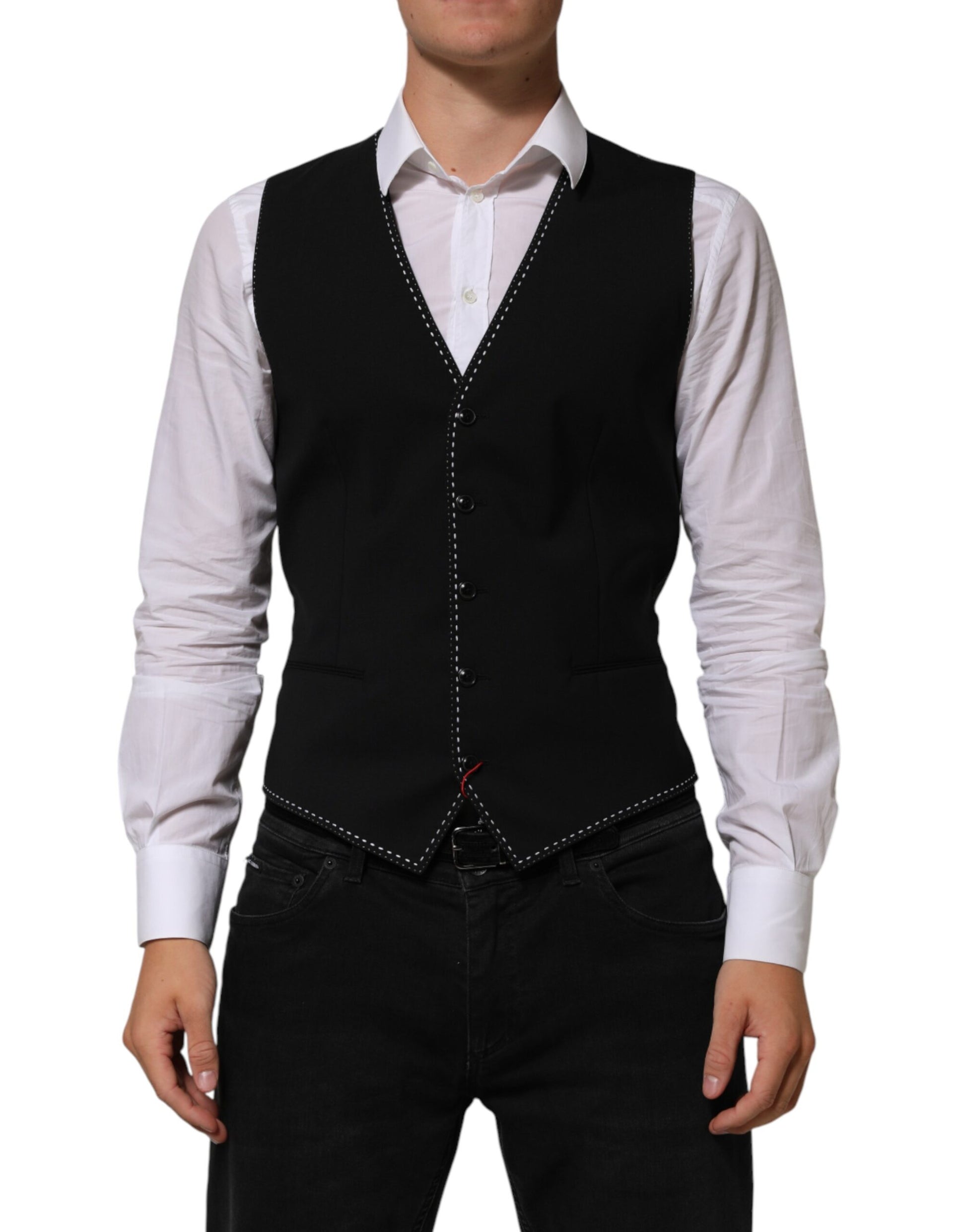 A black wool vest with a waistcoat, part of a formal men's suit