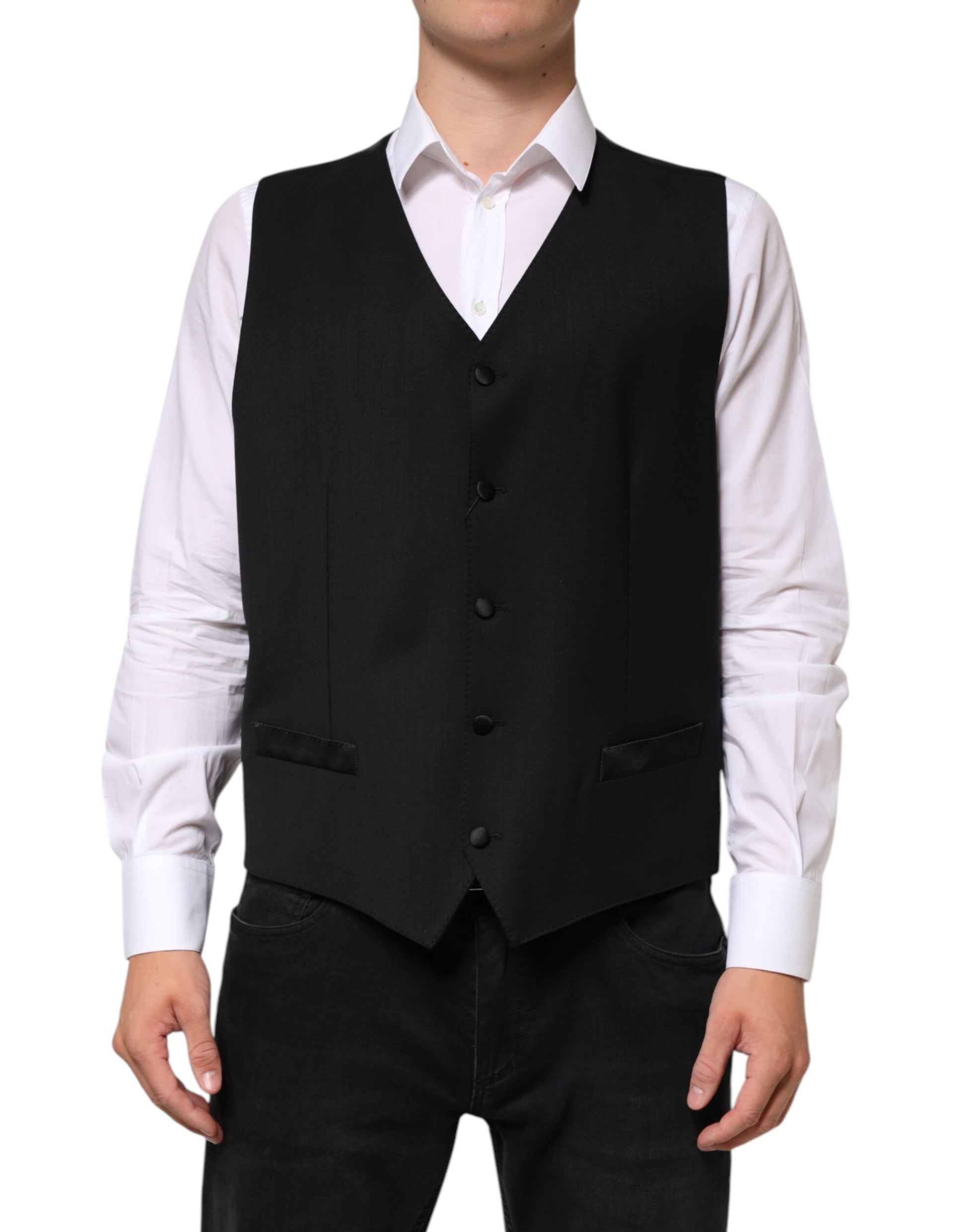 A black wool vest with a waistcoat design, part of a formal men's suit
