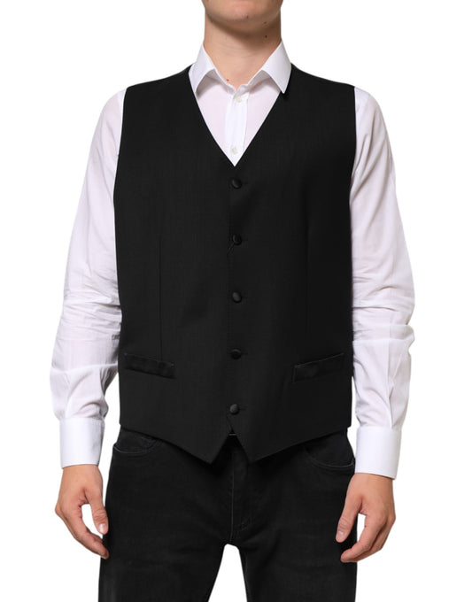 A black wool vest with a waistcoat design, part of a formal men's suit