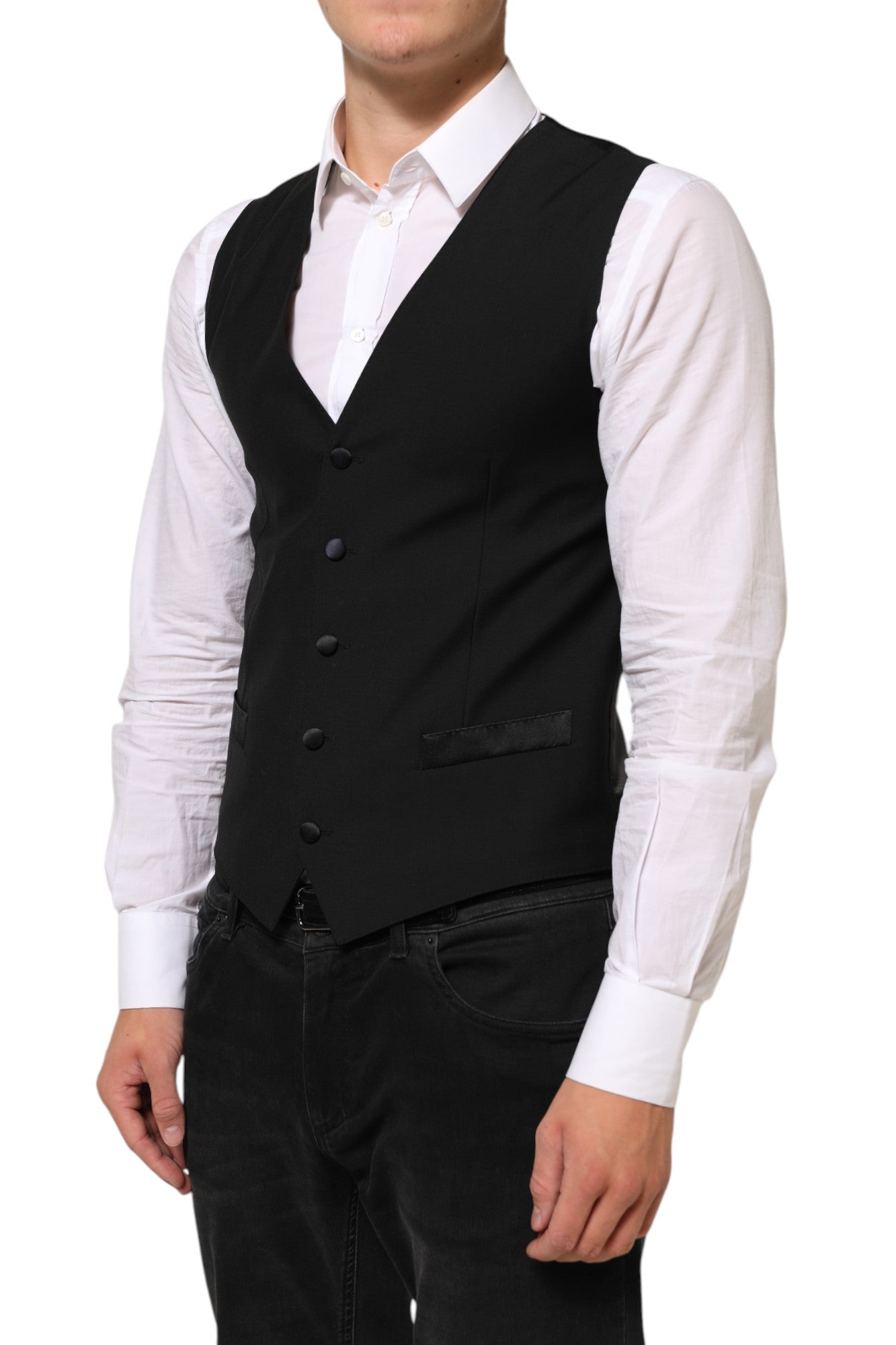 A black wool vest with a waistcoat, part of a formal men's suit