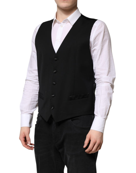 A black wool vest with a waistcoat design, part of a formal men's suit