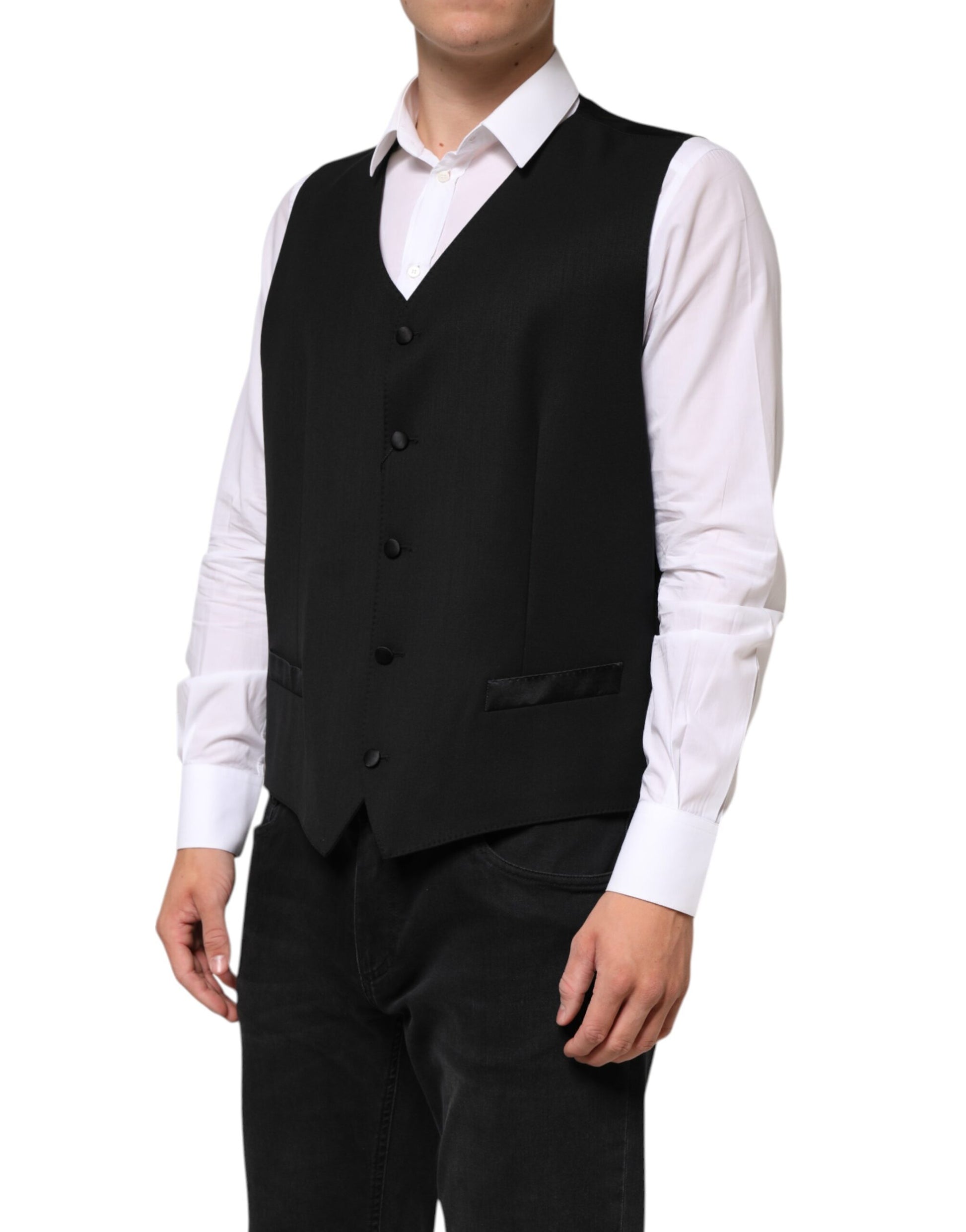 A black wool vest with a waistcoat design, part of formal men's wear