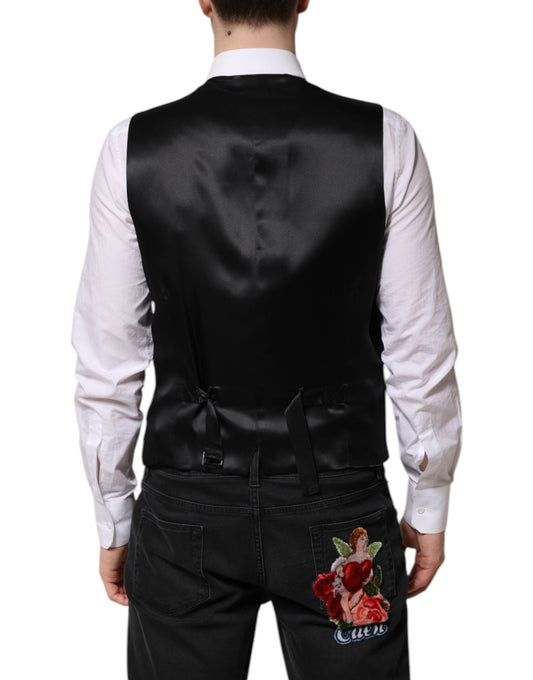 A black wool vest with a lapel and a rose embroidered on the back