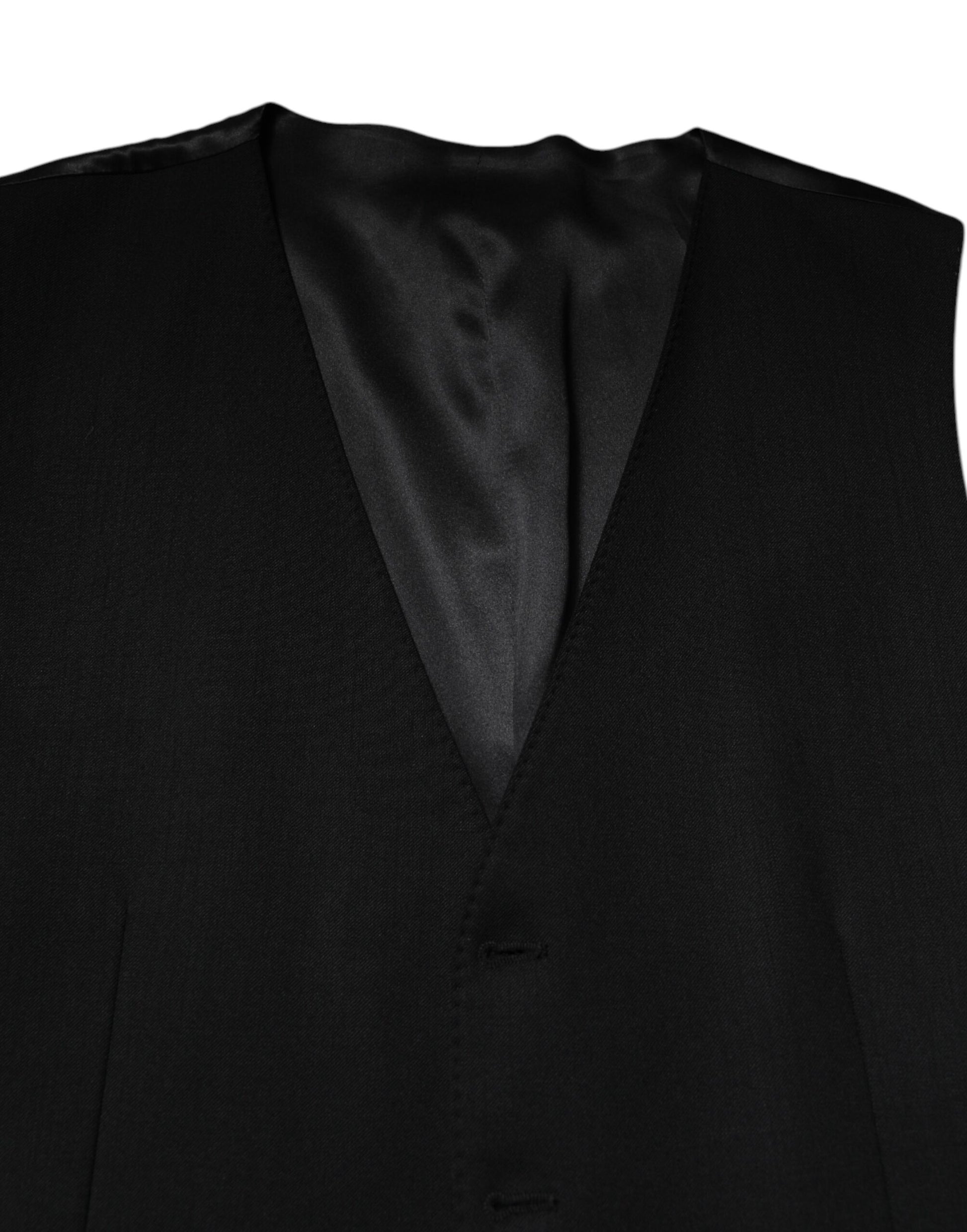 A black wool vest with a satin lapel and double-breasted design