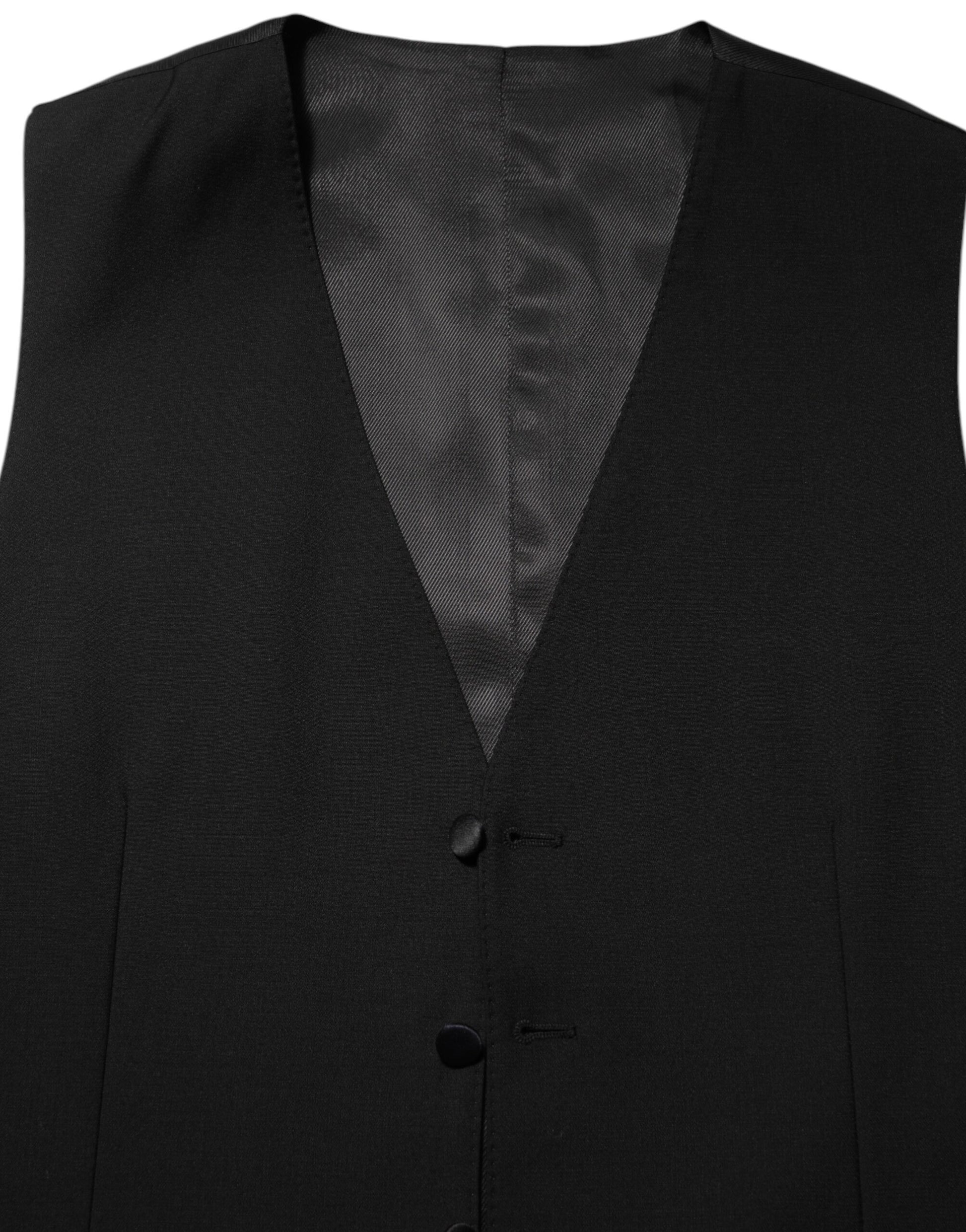 A black wool vest with a notched lapel and two buttons
