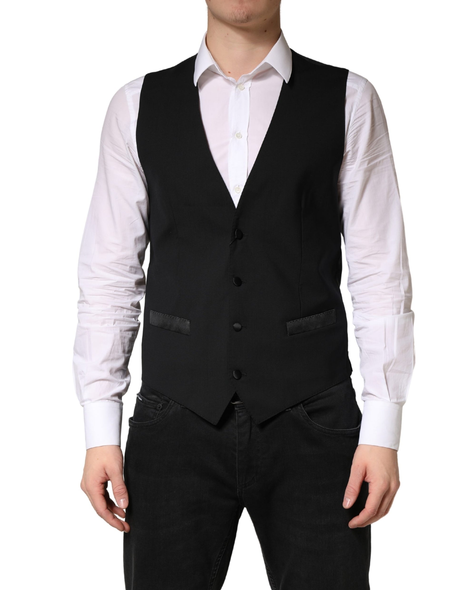 A black wool vest with a waistcoat design, part of a formal men's suit