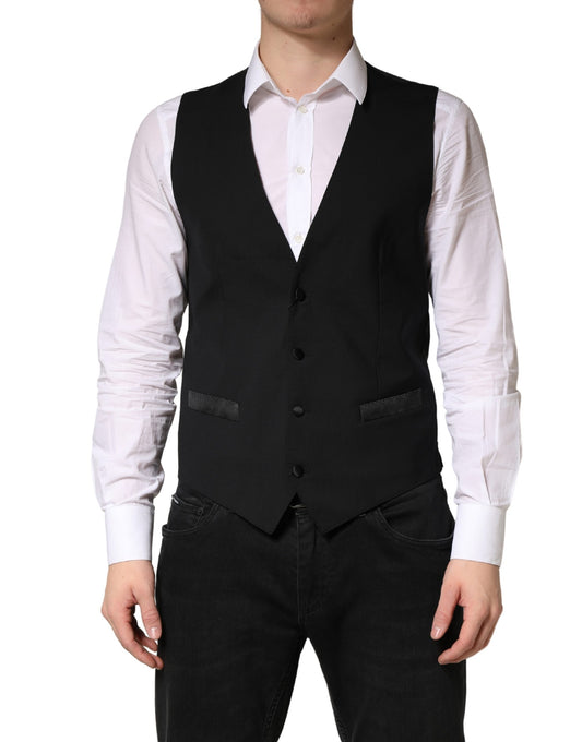 A black wool vest with a waistcoat design, part of a formal men's suit
