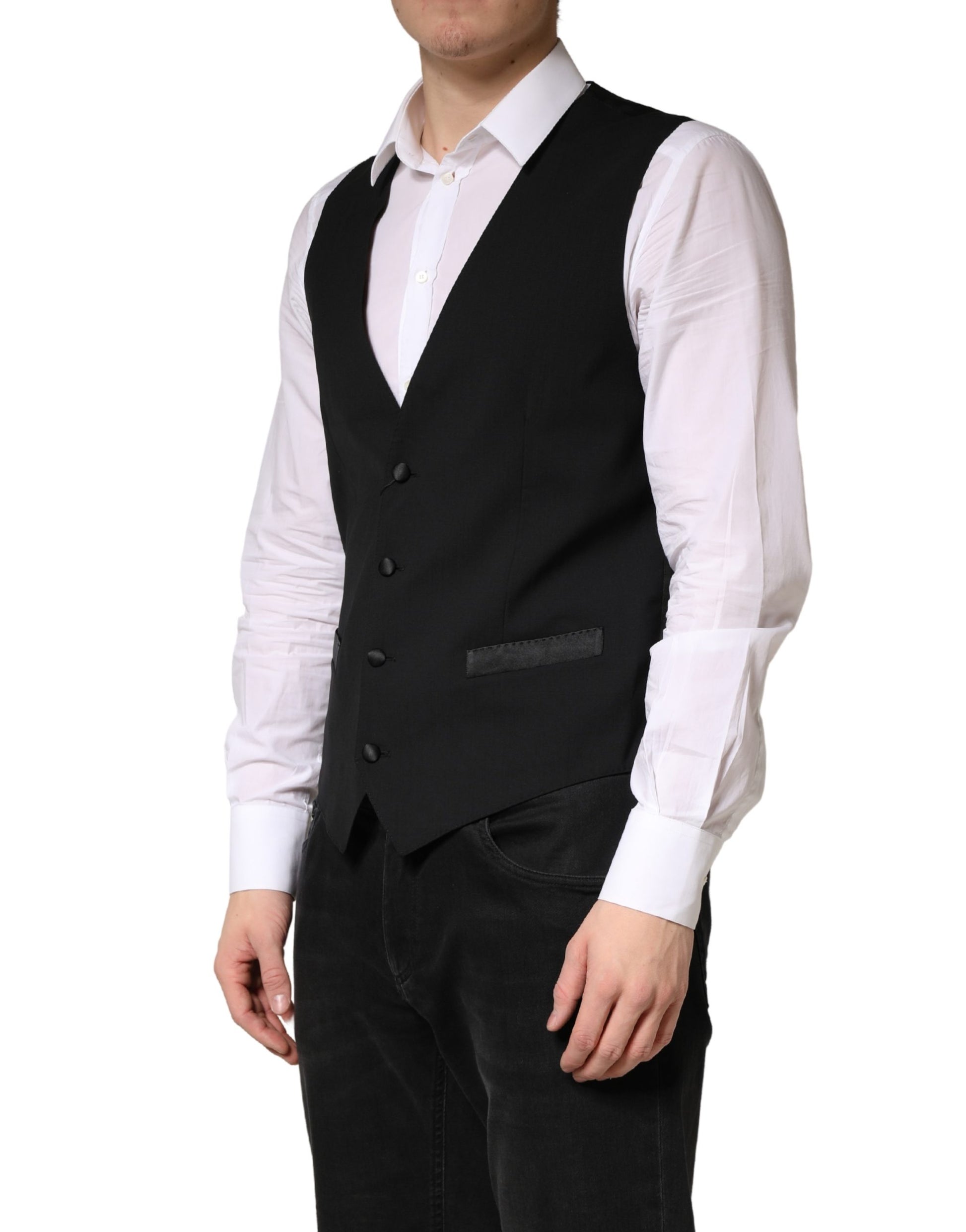 A black wool vest with a waistcoat, part of a men's formal suit