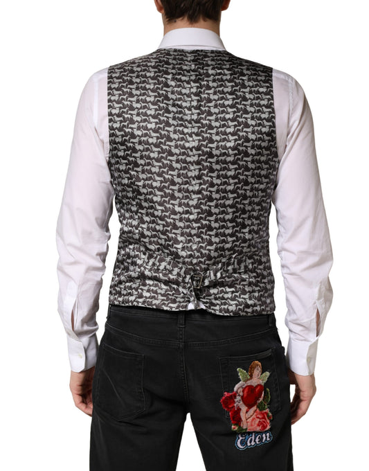 A black wool vest with a patterned back, part of a men's formal wear collection