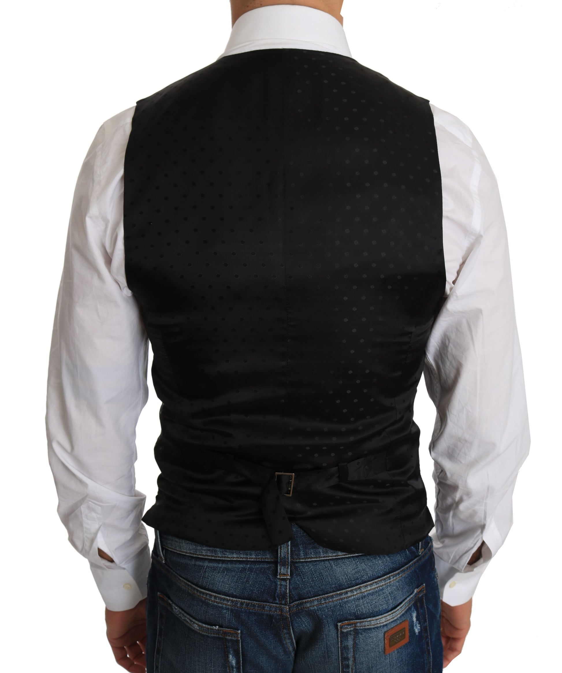 A black wool vest with a patterned back, part of a suit and tailoring collection