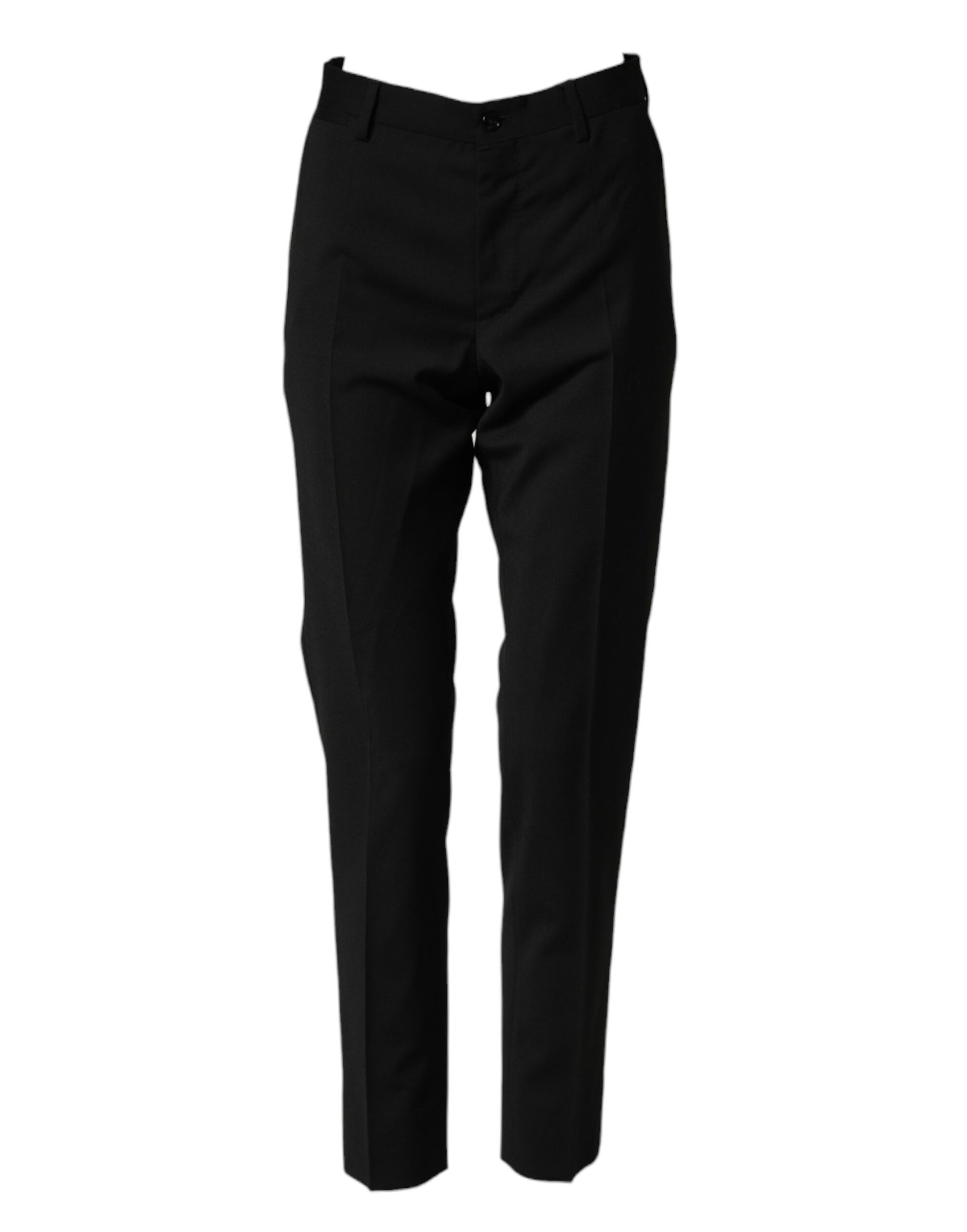 A pair of black wool formal dress men's trousers with a checkered pattern on the side
