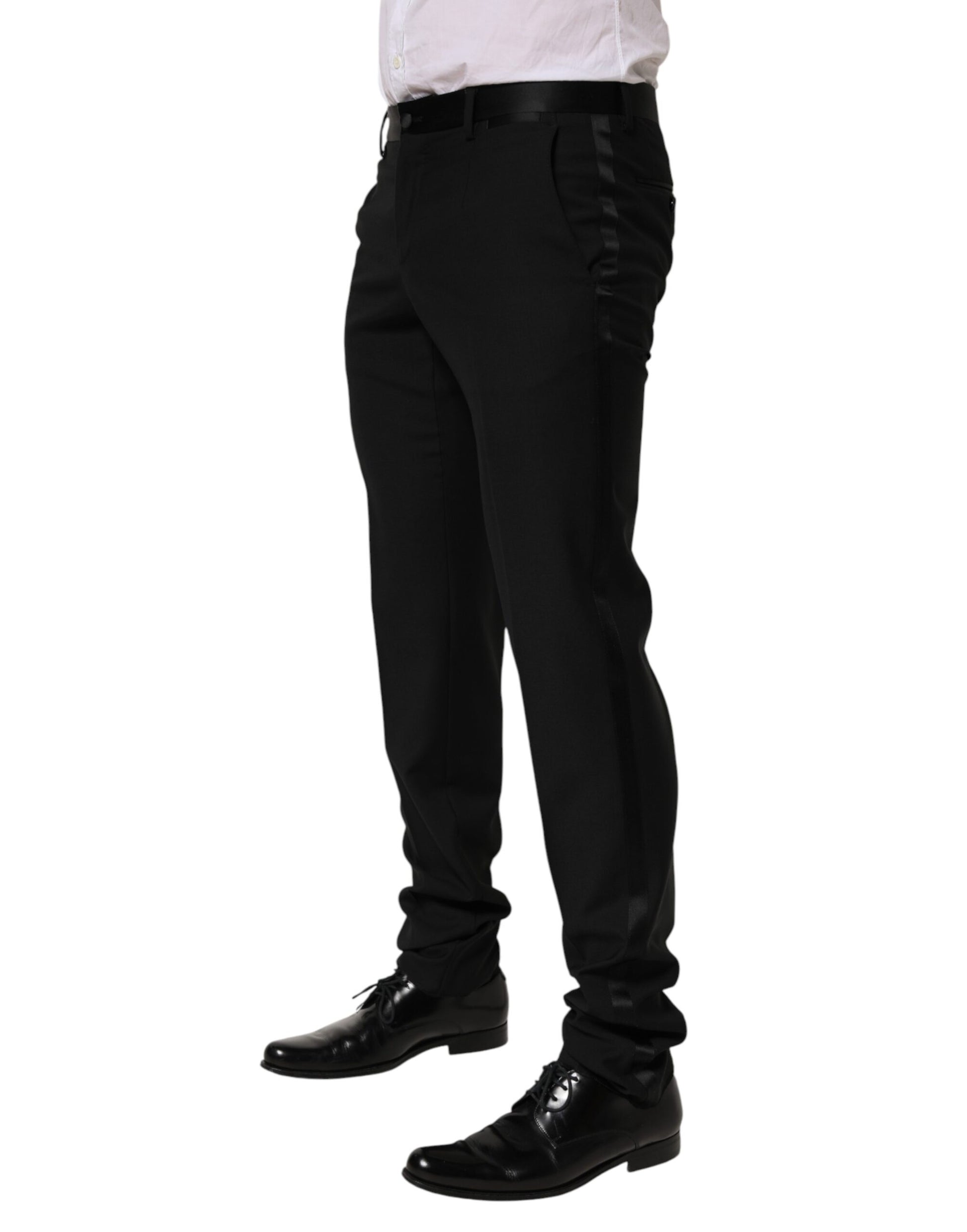 A pair of black wool formal dress pants from the brand Dolce & Gabbana. They are designed for men and feature