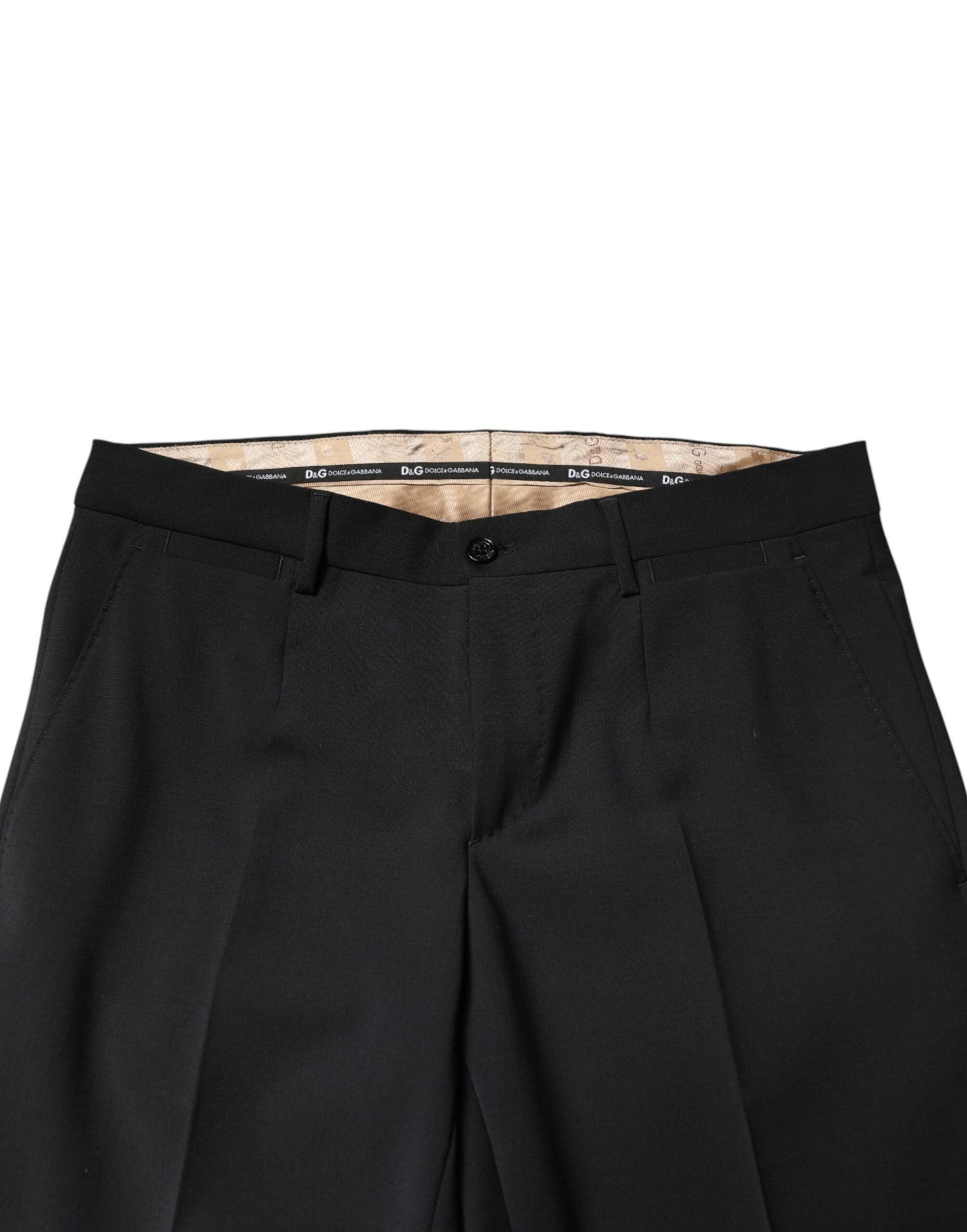 A pair of black wool formal dress men's trousers with a striped pattern