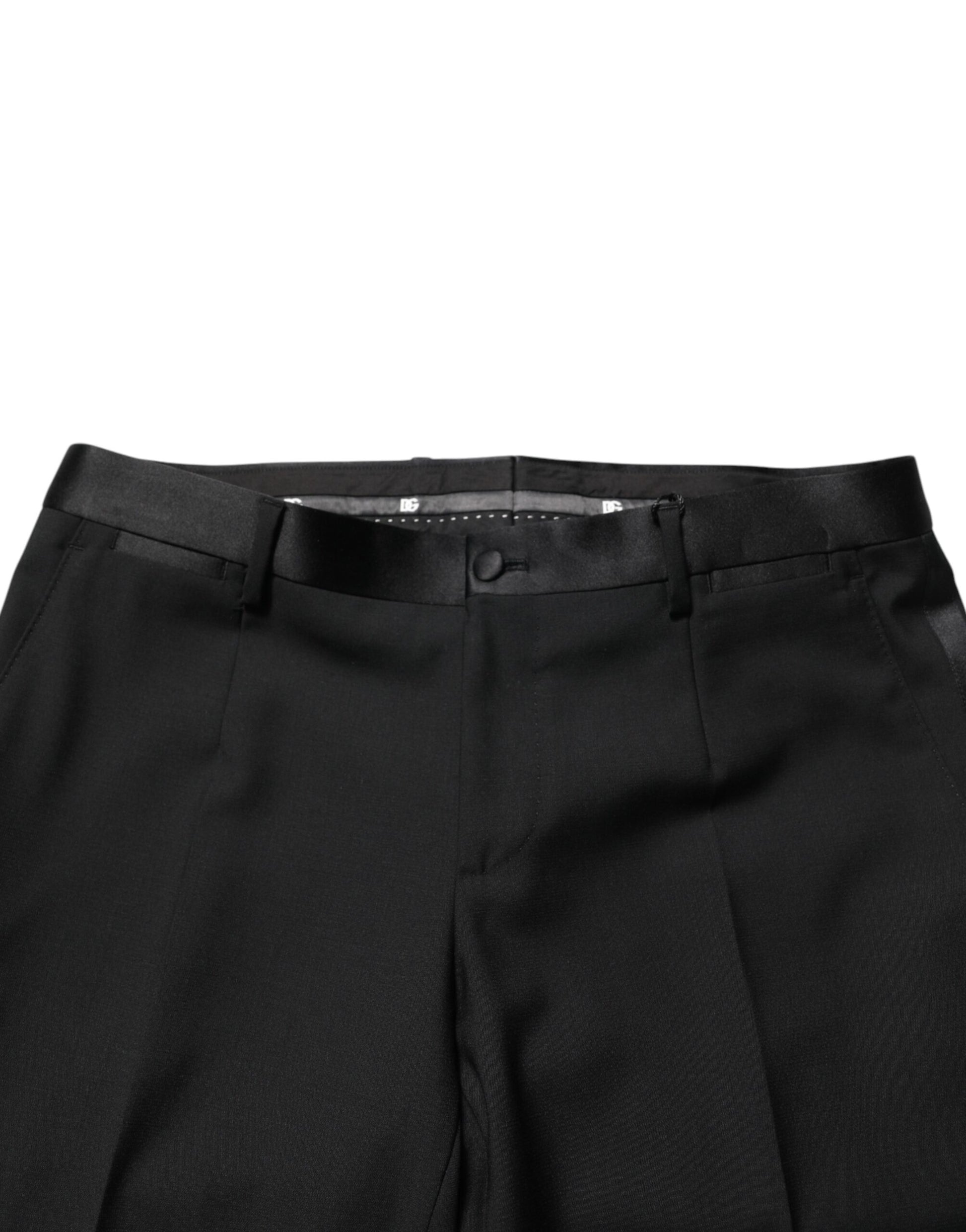 A pair of black wool formal dress men's trousers with a striped pattern