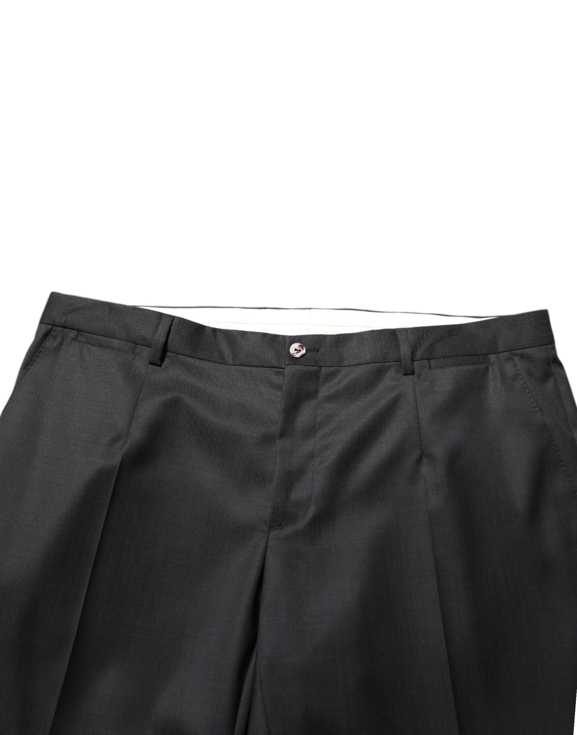 A pair of black wool formal dress men's trousers with a button closure
