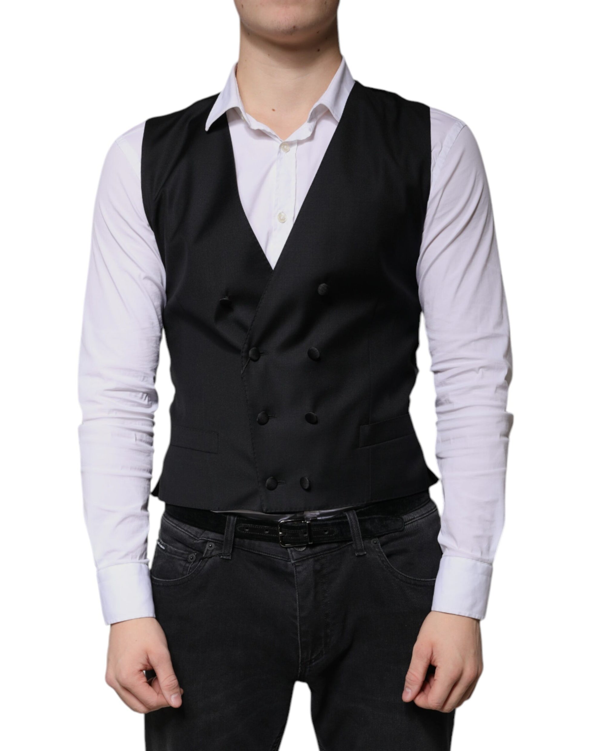 A black wool vest with a waistcoat, part of a formal men's suit