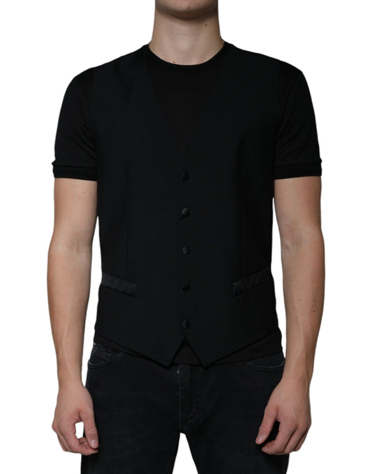 A black wool vest with a waistcoat design, part of the men's formal wear collection by Dolce & Gabbana