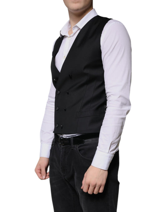 A black wool vest with a white shirt underneath